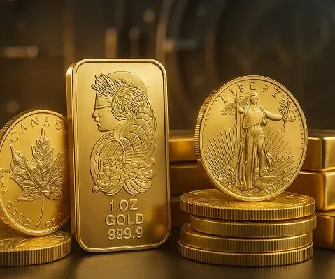 Gold coins and bars