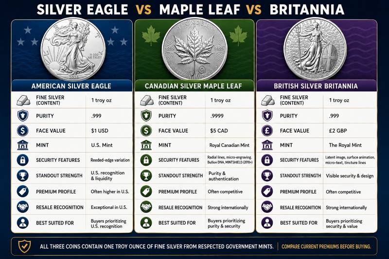 silver eagle v maple leaf v britannia compared