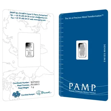 Default 1 gram PAMP Suisse Palladium Bar .9995 Fine (In Assay)