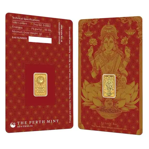 Default 1 Gram Perth Mint Diwali Lakshmi Gold Bar .9999 Fine (in Assay)