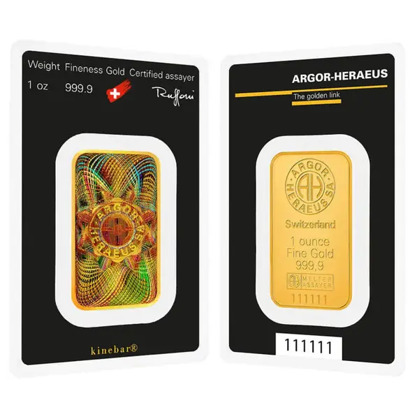 Argor-Heraeus 1 oz Gold Bar - Argor-Heraeus .9999 Fine KineBar Design (In Assay)