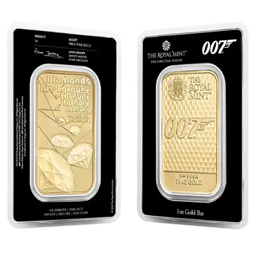 Default 1 oz Great Britain James Bond 007 Diamonds Are Forever Gold Bar .9999 Fine (In Assay)