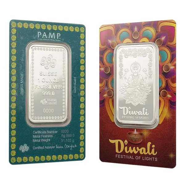 Default 1 oz PAMP Suisse Diwali Lakshmi & Rangoli Silver Bar .9999 Fine (in Assay)
