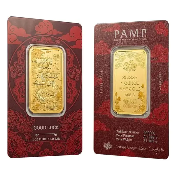 Default 1 oz PAMP Suisse Good Luck Yellow Dragon Gold Bar .9999 Fine (in Assay)