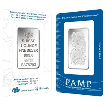 PAMP Suisse 1 oz PAMP Suisse Lady Fortuna Silver Bar .999 Fine (In Assay)