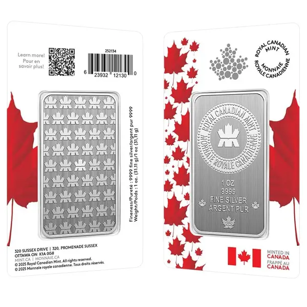 Default 1 oz Royal Canadian Mint RCM Silver Bar .9999 Fine (Proudly Canadian Assay)