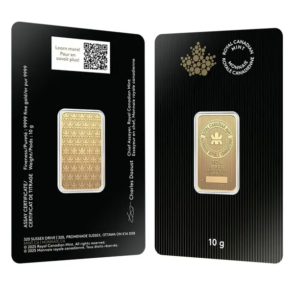 Default 10 Gram Royal Canadian Mint RCM Wafer Gold Bar .9999 Fine (in Assay)