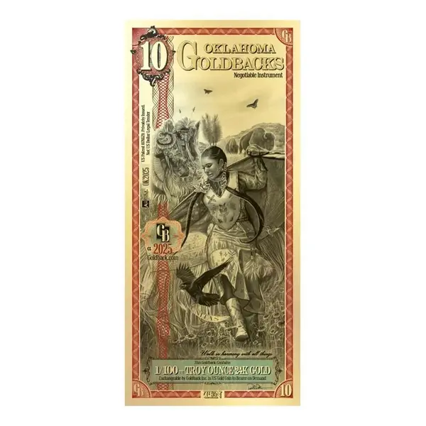 Default 10 Oklahoma Goldback 1/100 oz 24K Gold Foil Aurum Note