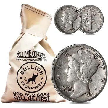 American $100 Face Value Bag - 1000 Coins - Mercury Dimes 90% Silver (Circulated)