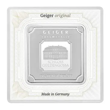 Default 100 gram Geiger Original Square Silver Bar .999 Fine (In Assay)