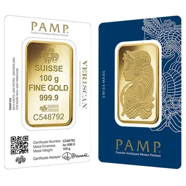 PAMP Suisse 100 gram Gold Bar PAMP Suisse Lady Fortuna Veriscan .9999 Fine (In Assay)