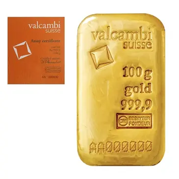 Default 100 gram Gold Bar Valcambi Suisse .9999 Fine (Cast, w/Assay)