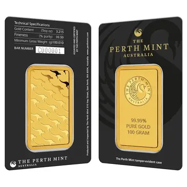 Australian 100 gram Perth Mint Gold Bar .9999 Fine (In Assay)