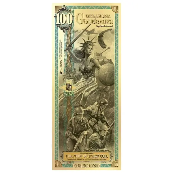 Default 100 Oklahoma Goldback 1/10 oz 24K Gold Foil Aurum Note
