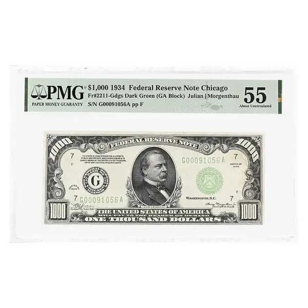 Default 1934 $1000 Federal Reserve Currency Note Chicago PMG AU 55