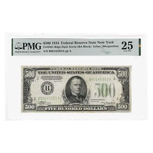 Default 1934 $500 Federal Reserve Currency Note New York PMG VF 25 (Small Tears)