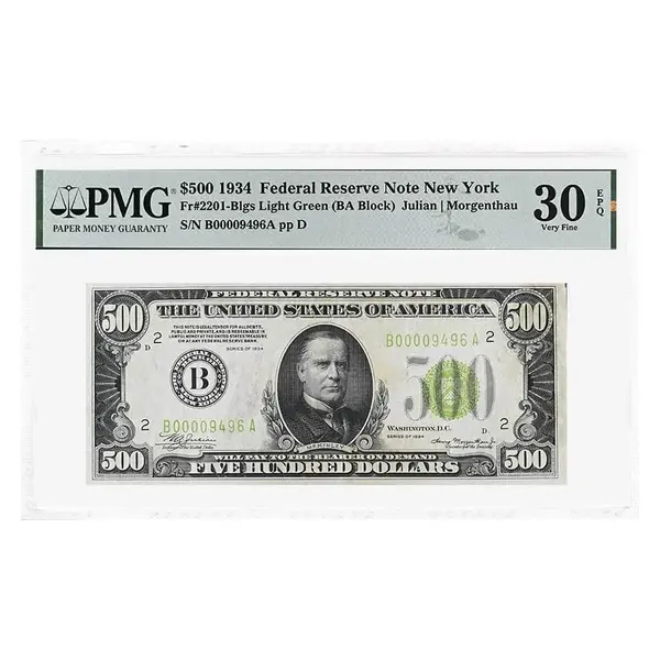 Default 1934 $500 Federal Reserve Currency Note New York PMG VF 30 EPQ