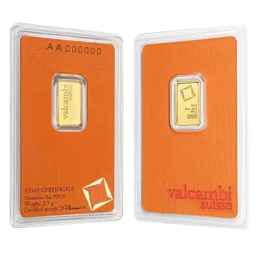 Valcambi 2.5 gram Gold Bar Valcambi Suisse .9999 Fine (In Assay)