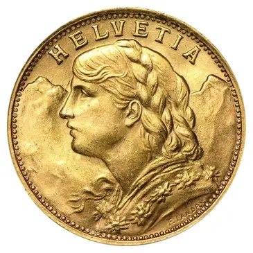 French 20 Francs Swiss Helvetia Vreneli Gold Coin AGW .1867 AU/BU (1897-1949, Random Year)