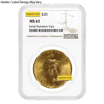 American $20 Gold Double Eagle Saint Gaudens NGC MS 62 (Random Year)