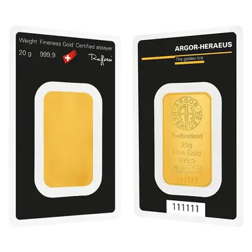 Default 20 gram Argor Heraeus Gold Bar .9999 Fine (In Assay)
