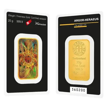 Default 20 Gram Argor Heraeus Kinebar Gold Bar .9999 Fine (in Assay)