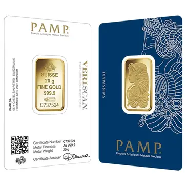 PAMP Suisse 20 gram Gold Bar PAMP Suisse Lady Fortuna Veriscan .9999 Fine (In Assay)