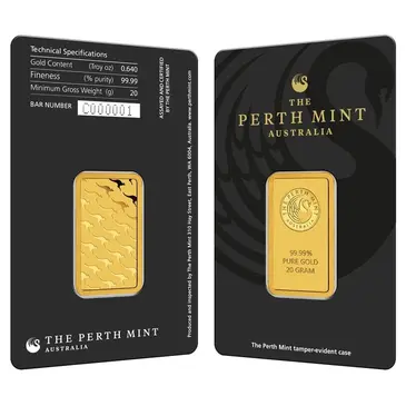 Australian 20 gram Perth Mint Gold Bar .9999 Fine (In Assay)
