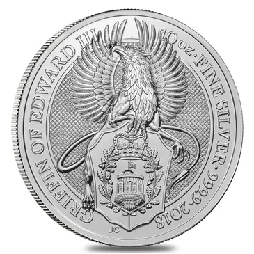 British 2018 Great Britain 10 oz Silver Queen's Beasts (Griffin) Coin .9999 Fine BU In Cap
