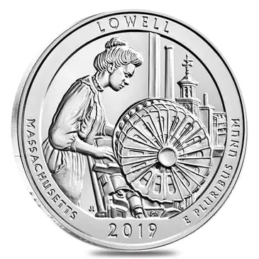 American 2019 5 oz Silver America the Beautiful ATB Massachusetts Lowell National Historical Park Coin