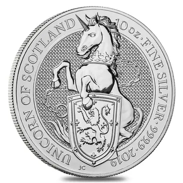 British 2019 Great Britain 10 oz Silver Queen's Beasts (Unicorn of Scotland) Coin .9999 Fine BU In Cap