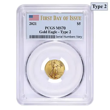 American 2021 1/10 oz Gold American Eagle Type 2 PCGS MS 70 FDOI