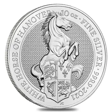 British 2021 Great Britain 10 oz Silver Queen's Beasts White Horse of Hanover Coin .9999 Fine BU In Cap