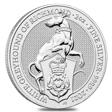 British 2021 Great Britain 2 oz Silver Queen's Beasts White Greyhound of Richmond Coin .9999 Fine BU