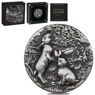 Default 2023 2 oz Antiqued Silver Lunar Year of The Rabbit Australian Perth Mint (w/Box & COA)