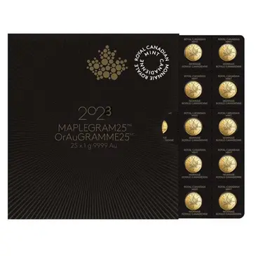Default 2023 25 x 1 gram Canadian Gold Maples $.5 Coin .9999 Fine - Maplegram25™ (In Assay)
