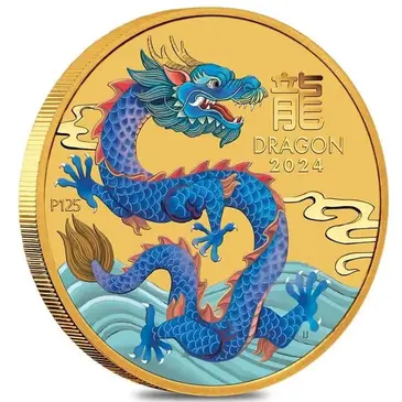 Default 2024 1/10 oz Colorized Gold Lunar Blue Dragon BU Perth Mint