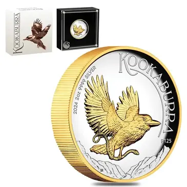 Default 2024 2 oz Silver Australian Kookaburra High Relief Gilded Coin Perth Mint