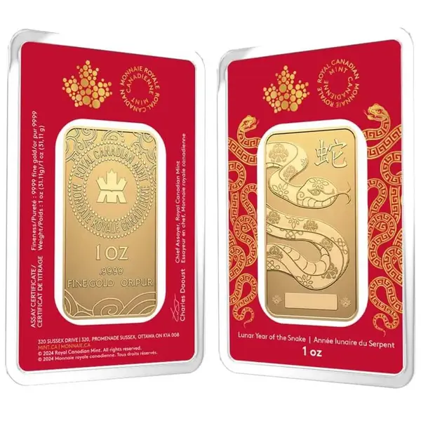 Default 2025 1 oz RCM Lunar Snake Gold Bar .9999 Fine (in Assay)