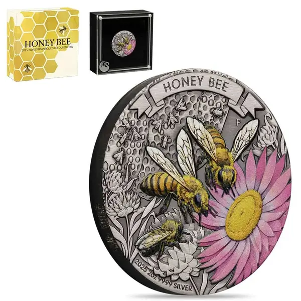 Default 2025 2 oz Honey Bee Antiqued Colorized Silver Coin Perth Mint