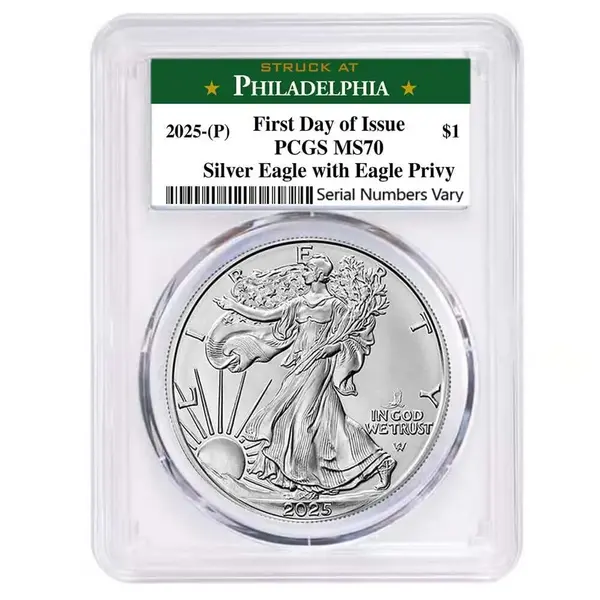 Default 2025 Eagle Privy 1 oz Silver American Eagle PCGS MS 70 FDOI Philadelphia