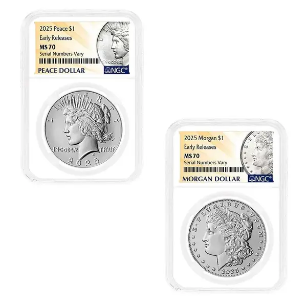 Default 2025 Morgan and Peace Silver Dollar 2-Coin Set NGC MS 70 ER (Morgan/Peace)