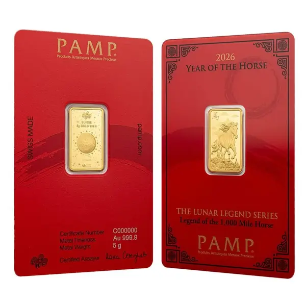 Default 2026 5 Gram PAMP Suisse Lunar Horse Gold Bar (in Assay)