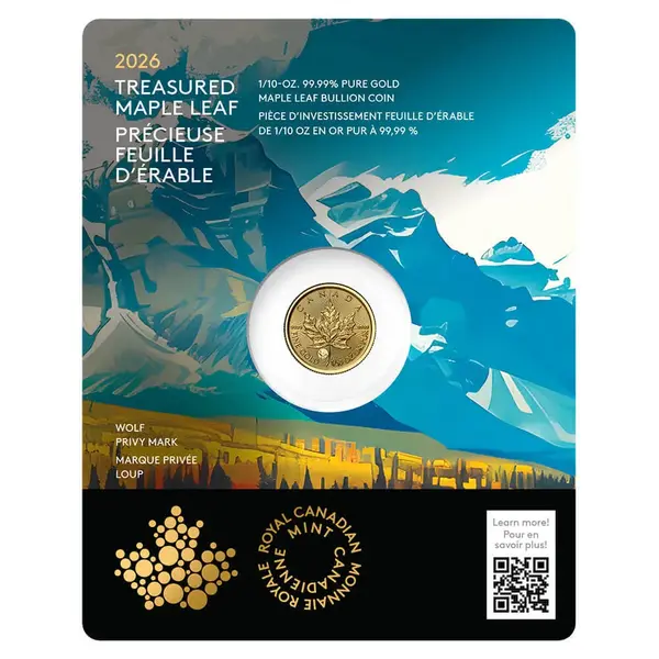 Default 2026 Canada 1/10 oz Treasured Gold Maple Leaf Wolf Privy Coin (in Assay)