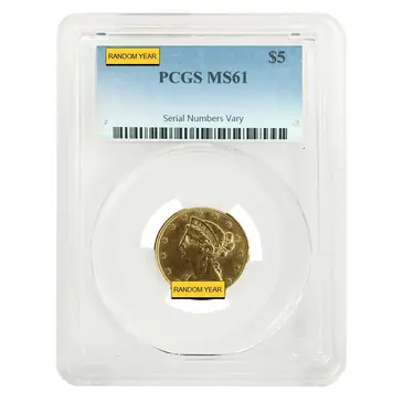Default $5 Gold Half Eagle Liberty Head PCGS MS 61 (Random Year)