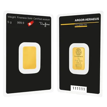 Default 5 gram Argor Heraeus Gold Bar .9999 Fine (In Assay)