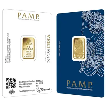 PAMP Suisse 5 gram Gold Bar PAMP Suisse Lady Fortuna Veriscan .9999 Fine (In Assay)