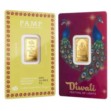 Default 5 Gram PAMP Suisse Diwali Lakshmi & Peacocks Gold Bar .9999 Fine (in Assay)