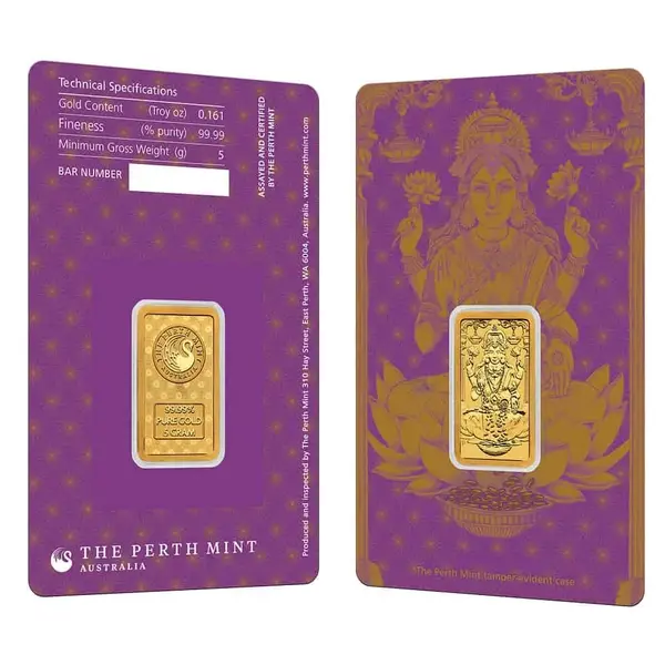 Default 5 Gram Perth Mint Diwali Lakshmi Gold Bar .9999 Fine (in Assay)