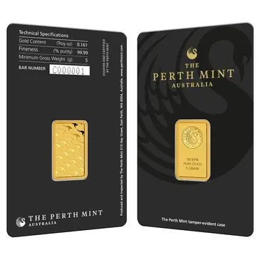 Australian 5 gram Perth Mint Gold Bar .9999 Fine (In Assay)
